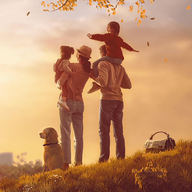 Family on hill with dog and Picnic basket